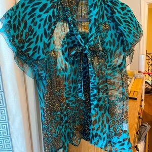 Nina blouse, 100% Silk. Beautiful turquoise and brown animal print.
